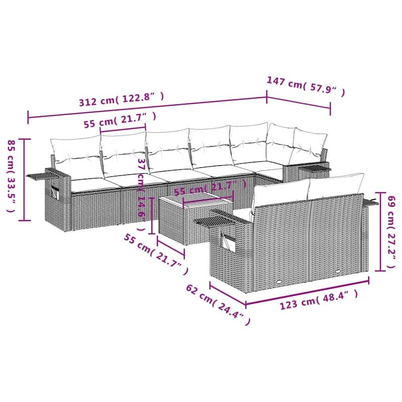 vidaXL 9 Piece Patio Sofa Set with Cushions Black Poly Rattan - 24.4 x 24.4 x 27.2