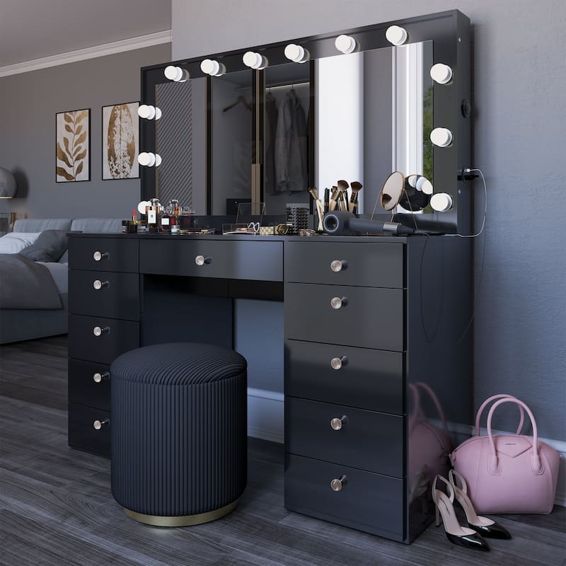 Boahaus Elle Makeup Vanity with Bluetooth Speaker, 12 Lights, and 11 Drawers