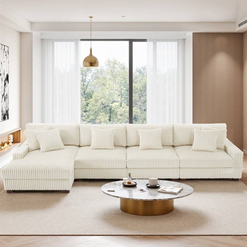 Cotton Flannel 3-Seat Modular Sectional Sofa with Chaise - White - Left Facing