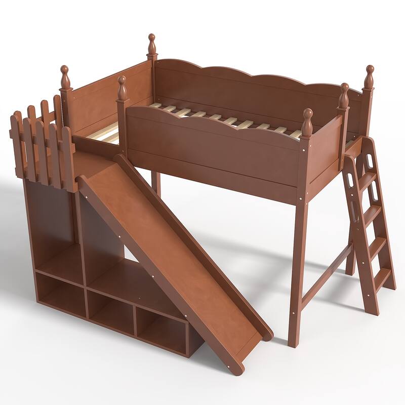 Twin Loft Bed with Storage Shelves and Wardrobe, Solid Wood Loft Beds with Detachable Slide and Ladders, No Spring Box Needed