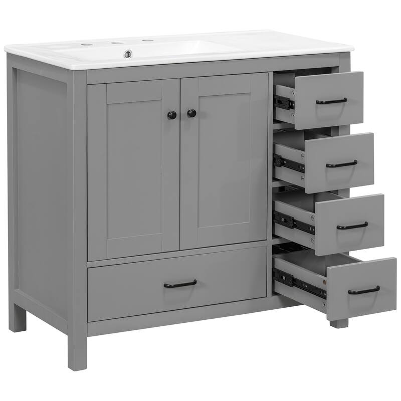 Roomfitters 36" Bathroom Vanity with Ceramic Sink Combo, Abundant Storage Cabinet with 2 Soft Close Doors and 5 Drawers