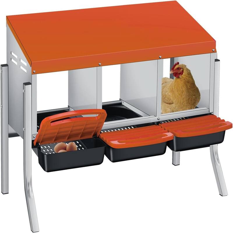 Roll-Away Nesting Boxes for Chickens Coop with Perch - 3 Hole Orange With  Legs