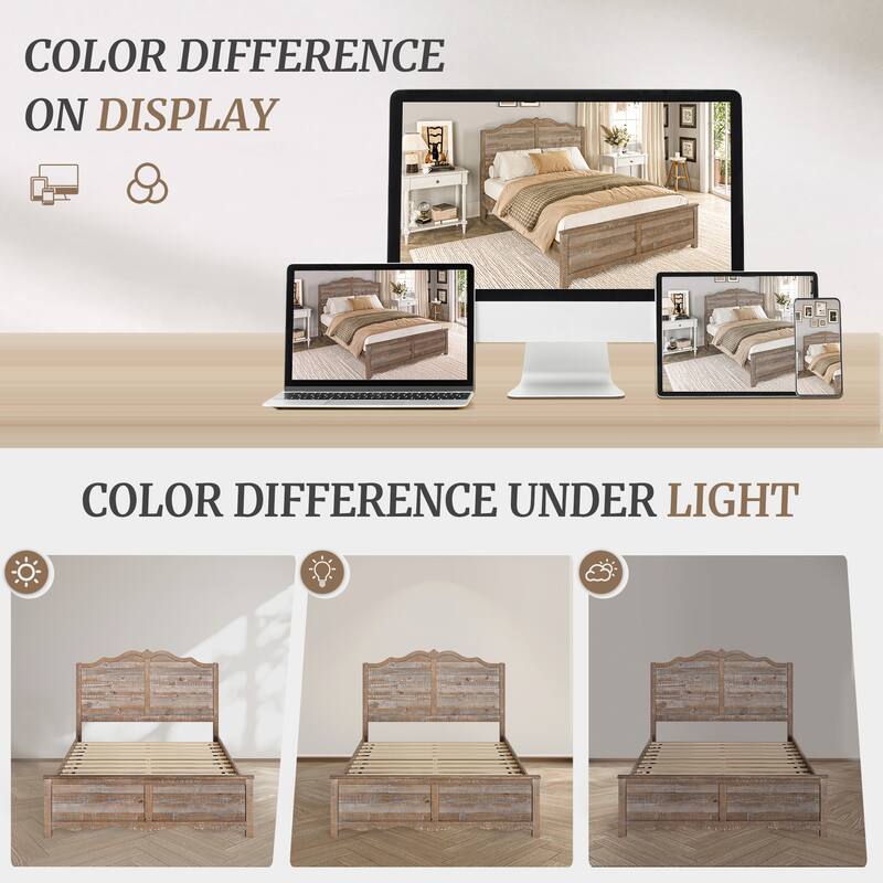 Modern Bed Solid Wood Platform Bed Frame Queen/King Size Bed with Headboard and Wood Slat Support for Bedroom