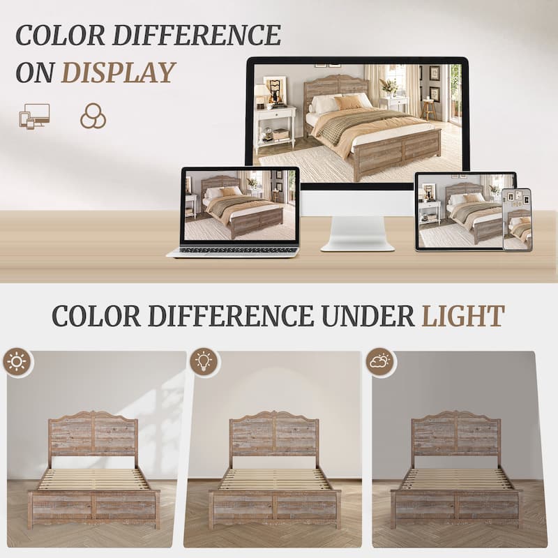 Traditional Solid Wood Bed Frame with Queen/King Size Platform Bed with Headboard for Bedroom