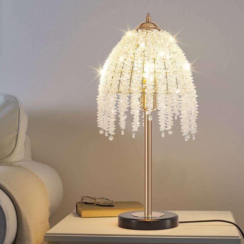 19"(H) Elegant Crystal Table Lamp - Vintage Waterfall Design with Crystal Bead String Shades and Marble Textured Base