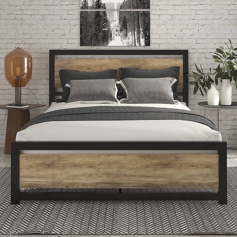 Full/Queen Metal Platform Bed Frame with Brown Wood Panel Headboard and Footboard
