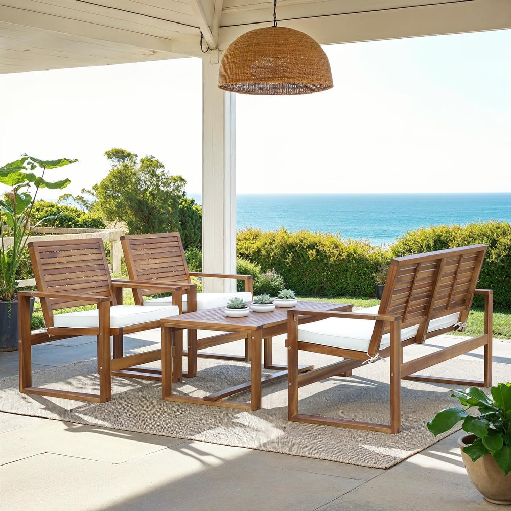 SAFAVIEH Outdoor Priama Acacia Wood 4-Piece Patio Set - 43"W x 23"D x 34"H