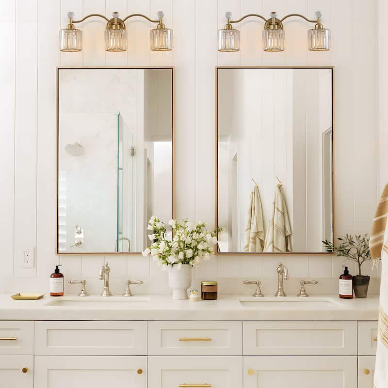 Starsky 3-Light Modern Crystal Bathroom Vanity Fixture with Ribbed Glass Shades and Sparkling Crystal Ball Accents