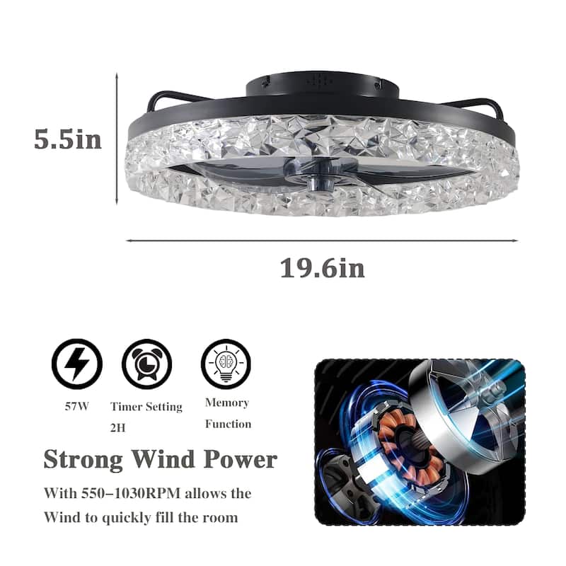 19" Bedroom Fan Light with Remote Control, Dimmable, 7 Blades, Reversible DC Motor, with LED Light