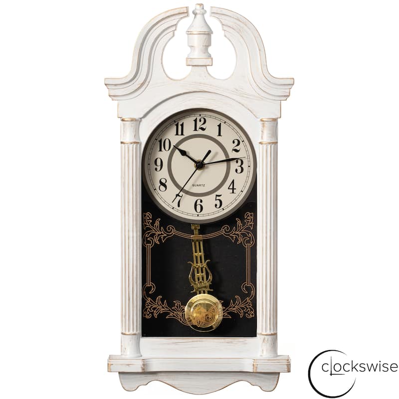 Clockswise Vintage Grandfather Wood-Looking Plastic Pendulum Decorative Battery-Operated Wall Clock Brown, for Home Decor - 20 Inch High - White