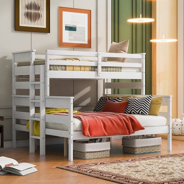 slide 2 of 24, Wood Twin XL over Queen Bunk Bed with Ladder, Detachable Bed Frame White