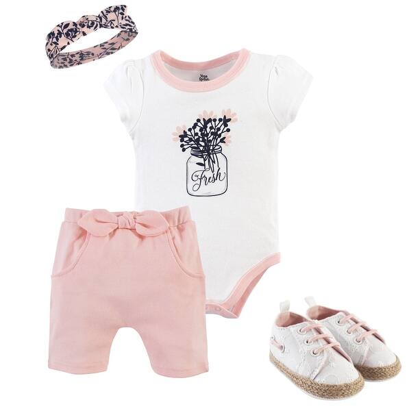 slide 1 of 1, Yoga Sprout Baby Girl Cotton Layette and Shoe 4pc Set, Fresh 0-3 Months - Fresh