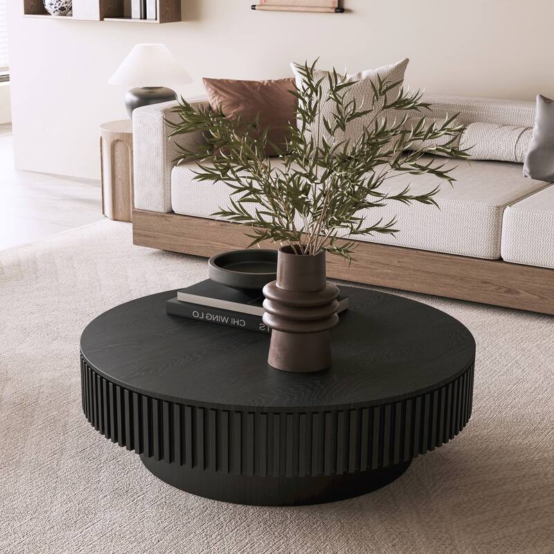 39.37 Inch Round Coffee Table with Storage - Black
