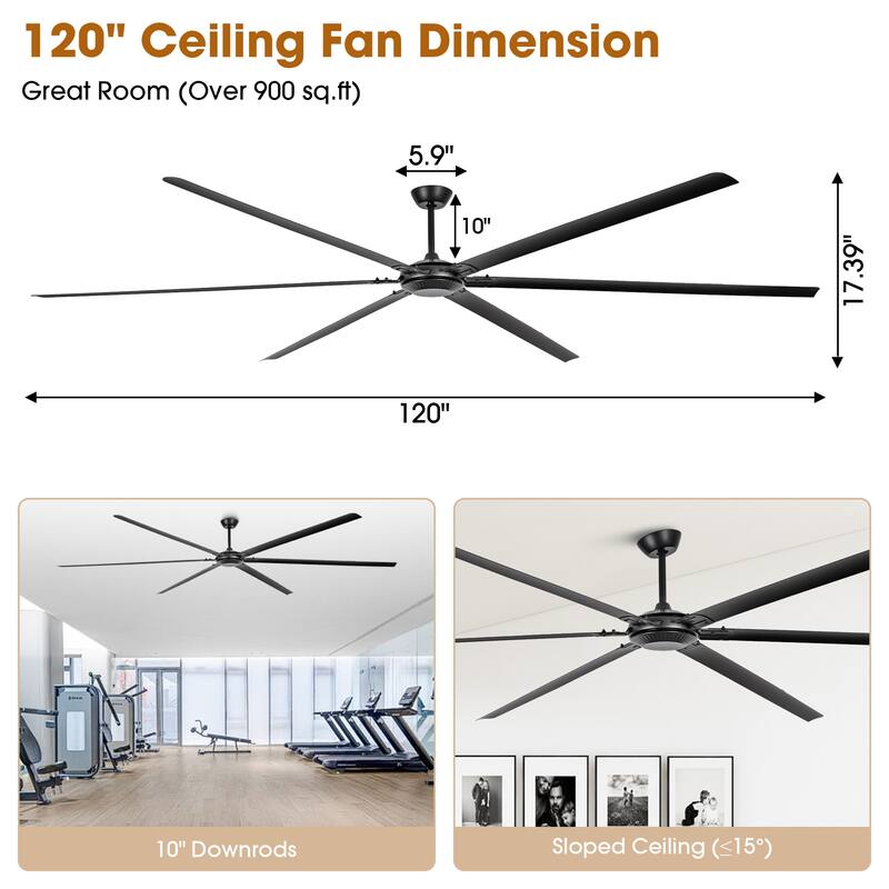 120" Industrial Black Aluminum Extra Larger Commercial Ceiling Fan with Remote