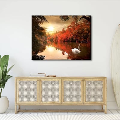 Wall Art Red Trees Swan Lake Pictures Paintings