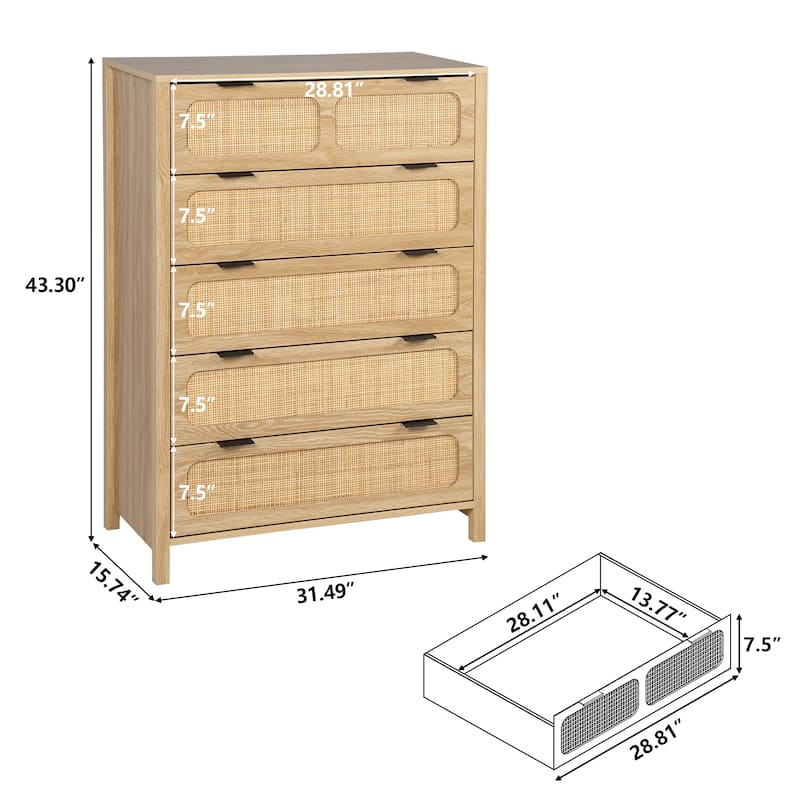 Wooden Rattan 5-Drawer Storage Cabinet Dresser