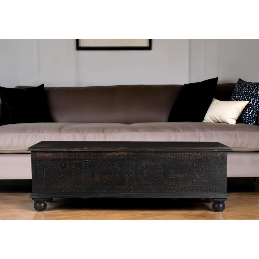 HomeRoots 54" Black Solid Wood Distressed Lift Top Solid Coffee Table - 54.00 in. x 16.00 in. x 18.00 in.