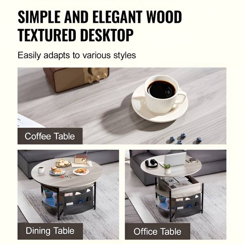 35.3" Round Coffee Table with Lift Top, Hidden Storage & Open Shelf