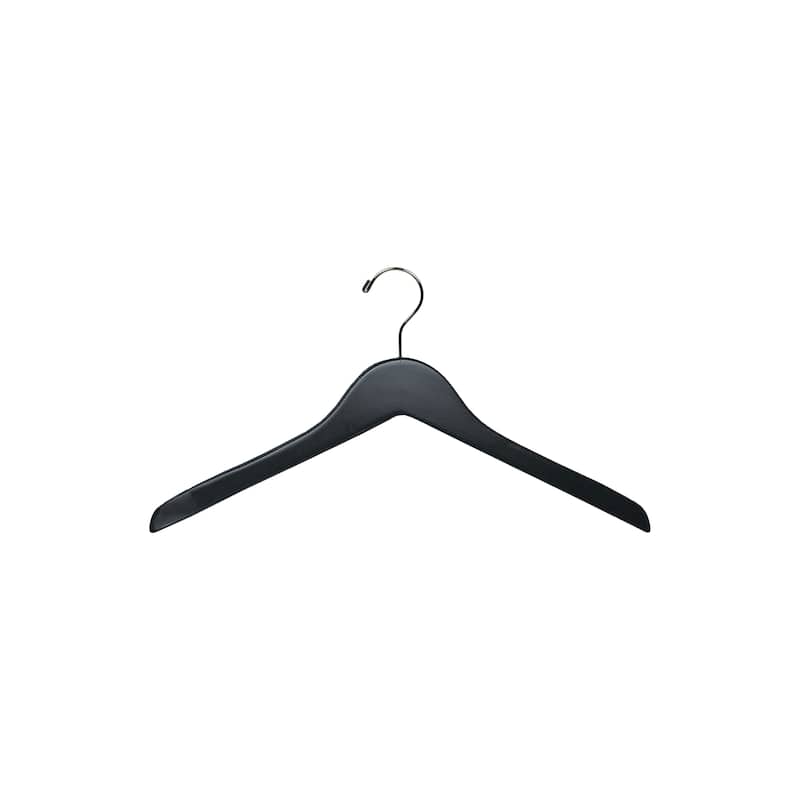 Matte Black Wooden Top/Coat Hanger, 17" Length x 7/16" Thick, Chrome Hook Box of 25