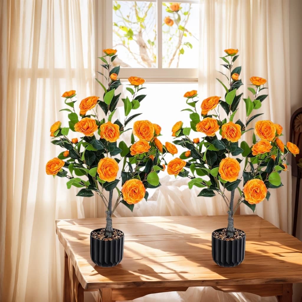 Artificial Camellia Tree 2 Pack, 36"Faux Camellia Plant in Pot with Orange Flowers, Greenery Potted Plant for Indoor Outdoor