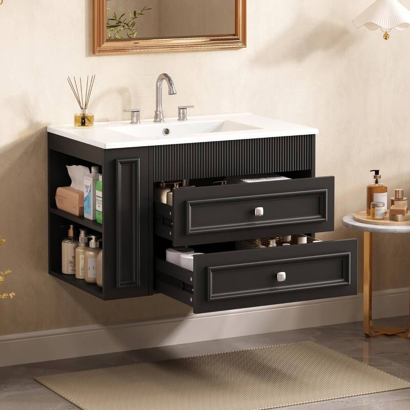 30" Wall Mounted Bathroom Vanity - Floating Storage Cabinet with 2 Drawers and 3-Hole Single Ceramic Sink