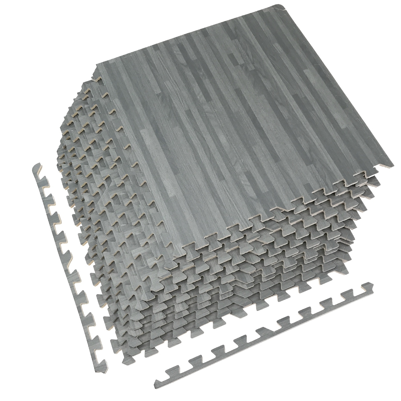 Interlocking Floor Mat - Gray Wood Print, 12 Pieces and Borders