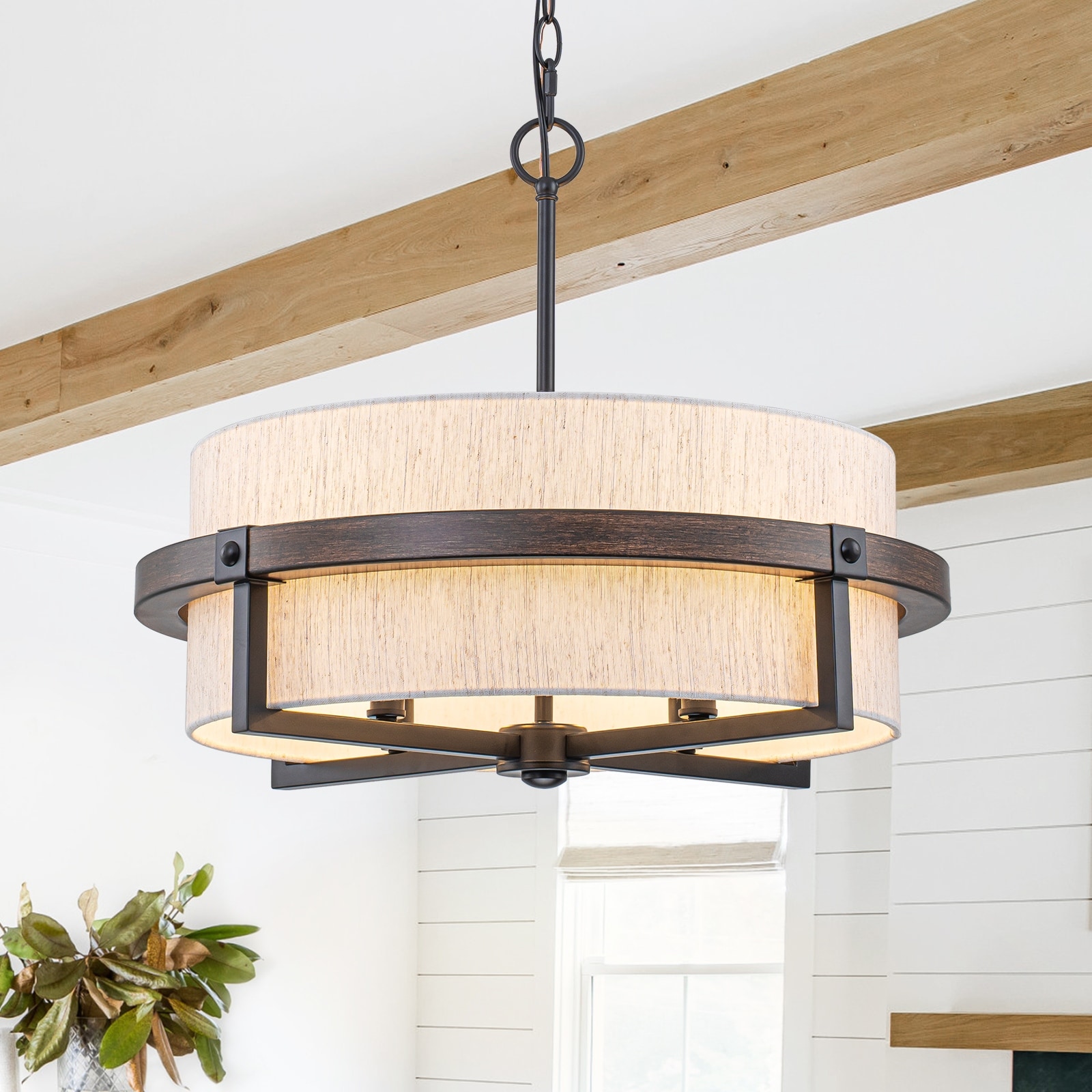 21.65" 4-light drum farmhouse pendant light with textured linen fabric shade E12 base