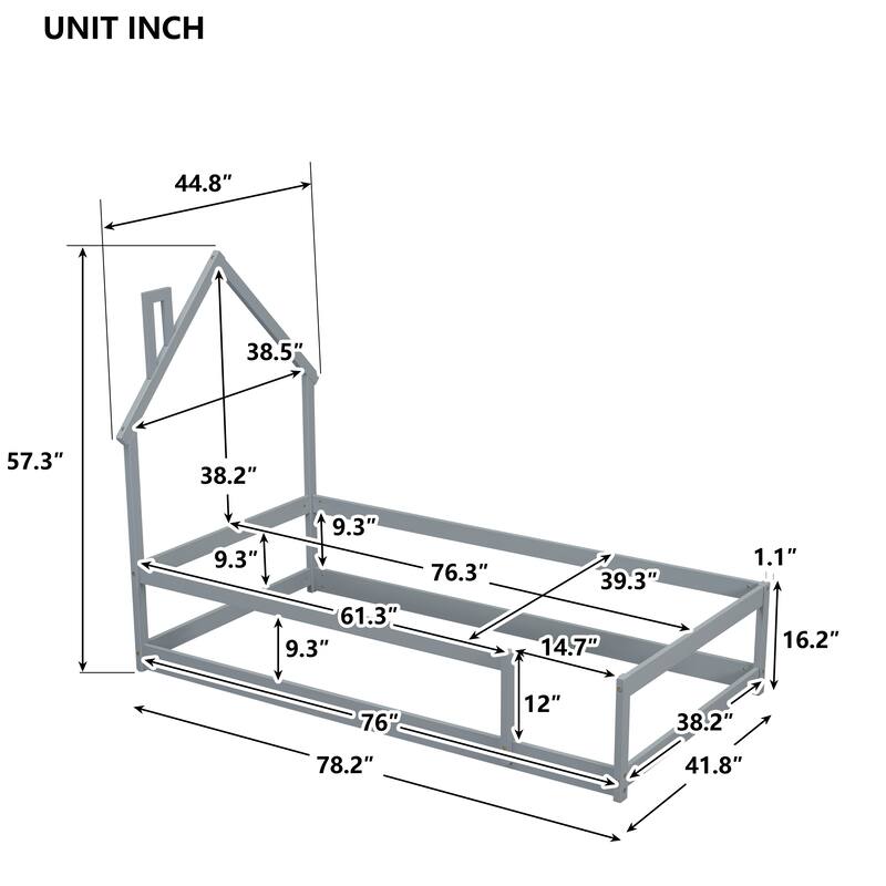 Grey Twin Pine Floor Bed with House-shaped Headboard