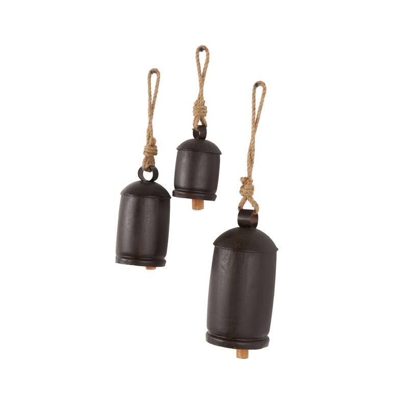 Metal Tibetan Inspired Indoor Outdoor Decorative Cow Bells with Jute Hanging Rope (Set of 3) - Set of 3 - 10",8",6"H