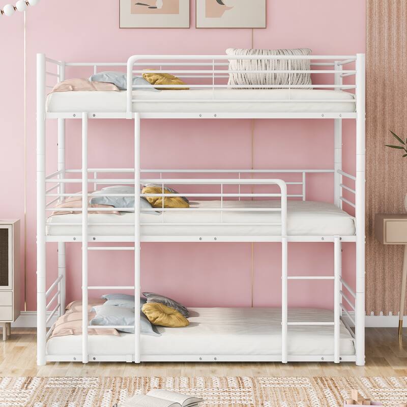 Metal Twin Size Triple Bunk Bed with Builtin Ladder, Divided into 3