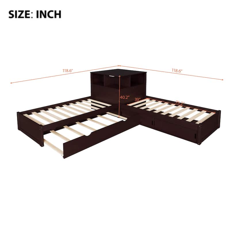 Roomfitters Twin L-Shaped Platform Bed with Trundle, Storage Cabinets and LED Desk