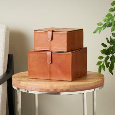 Brown Leather Storage Box with Snap Front Closure and Detailed Stitching (Set of 2)