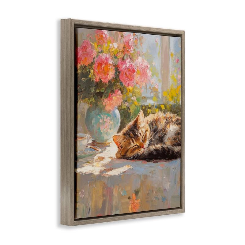 Stupell Sleeping Kitten & Flower Vase Framed Floater Canvas Wall Art Design By Nini Art