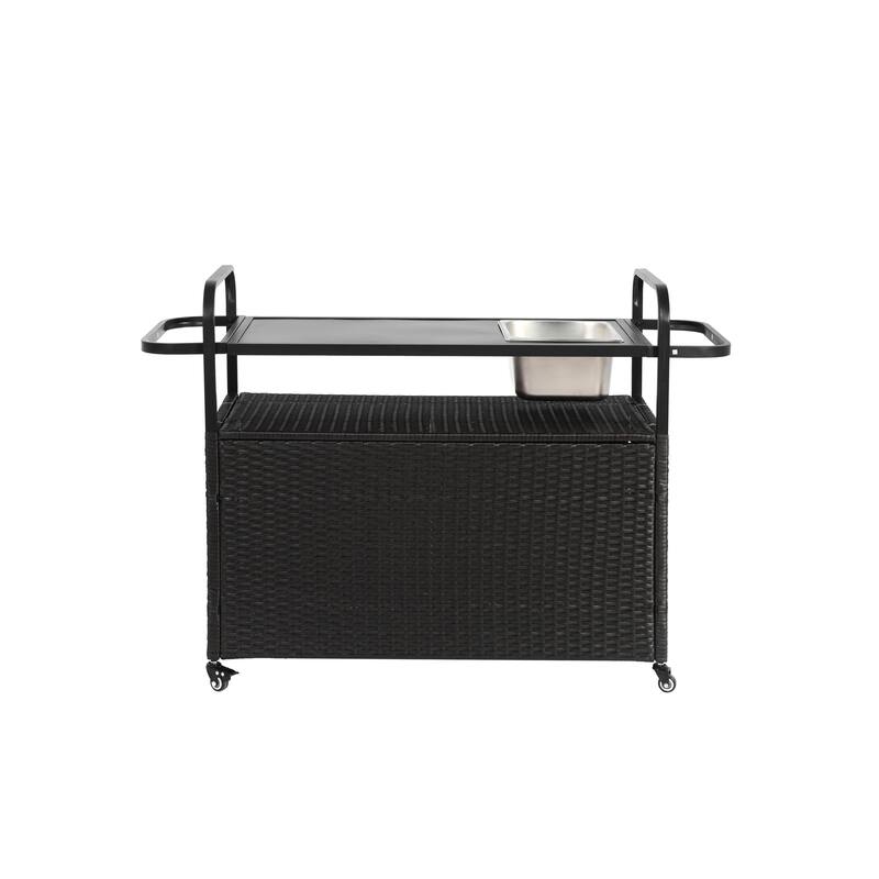 Outdoor Bar Table, Wicker Bar Cart with Cabinet, Patio Serving Cart with steel Top, with one ice bucket,Lockable Wheels