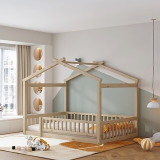 Full Size Wood House Bed Frame with Fence for Kids and Teens - White main image 1