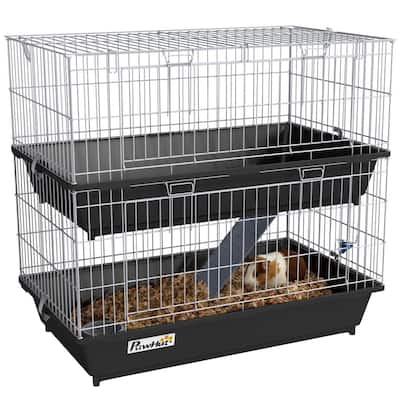 PawHut 2-Tier Guinea Pig Cage, Ferret Cage, Chinchilla Cage, Small Animal Cage Indoor with Dish and Bottle, 2 Doors