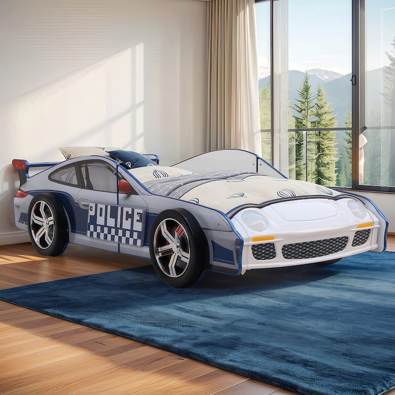 Kids Police Car Floor Bed with LED Light - Twin Size Role Play Bed for Boys & Girls