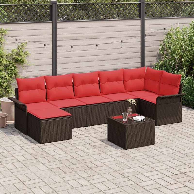 vidaXL 7/8 Garden Sofa Set with Cushions Black/Brown/Grey Poly Rattan - 117.1 x 52.2 x 27.2 - Brown with table