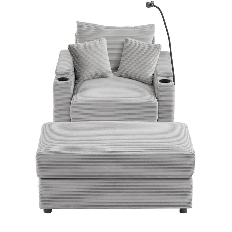 Modern Single Sofa with Movable Ottoman, Hidden Storage, USB Ports, Cup Holders and Phone Holder for Living Room