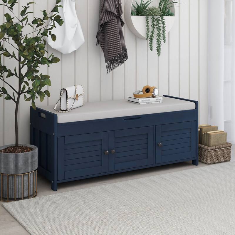 Storage Bench with 3 Shutter-shaped Doors, Shoe Bench with Removable Cushion and Hidden Storage Space