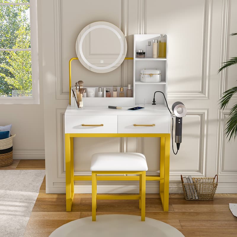 Makeup Vanity With Led Lights&3 Color And Power Outlet Makeup Vanity Table With 2 Big Drawers With Sturdy Metal Leg Chair