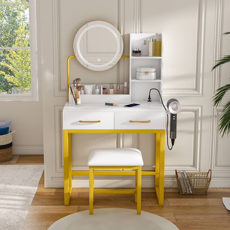 Vanity Desk with LED Mirror & Stool, Makeup Vanity Table with Power Outlet, Drawer & Open Shelves, Small Dressing Table Set - White