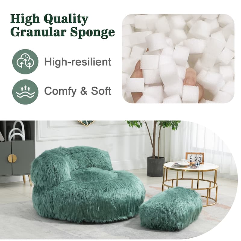 Plush Upholstered Round Comfort Lounger Bean Bag Chair with Ottoman