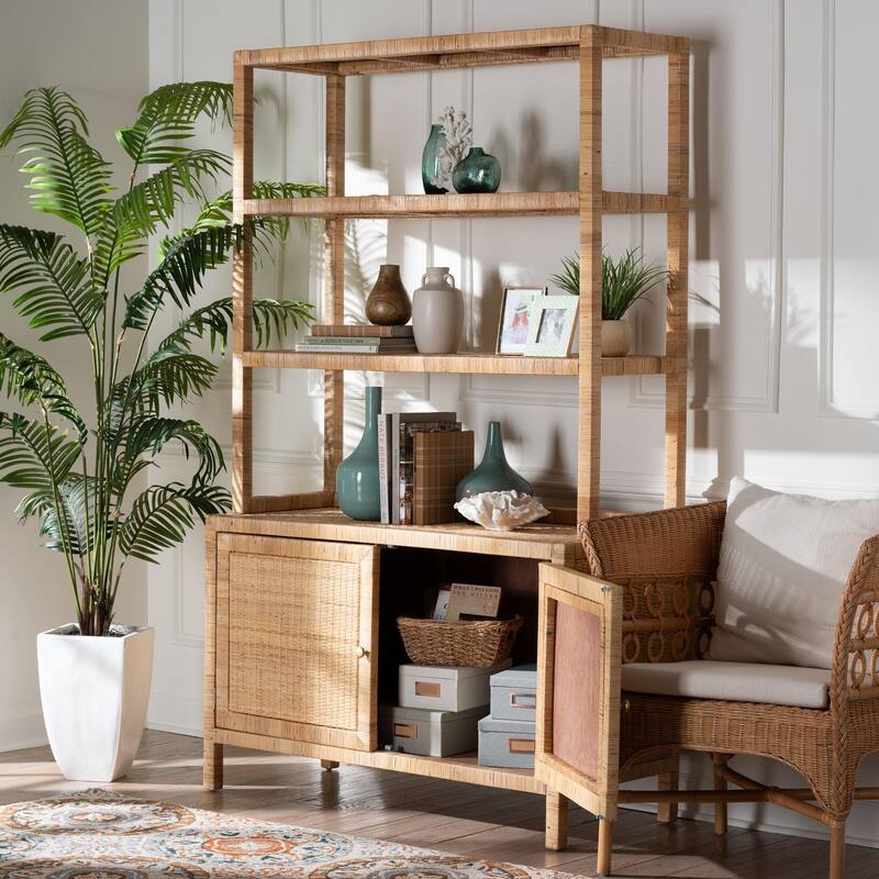 Mortis Natural Rattan Open-Shelf Storage Cabinet - 4-Tier Display Shelf with Double Door Base, Coastal Boho Wicker Bookcase