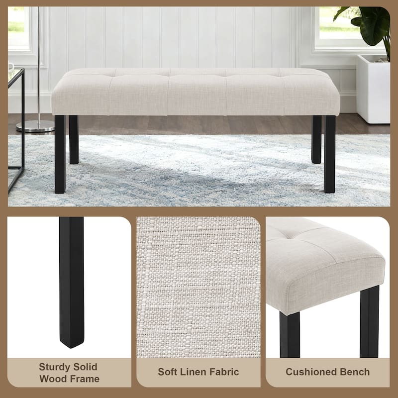 Roomfitters Modern Tufted Linen Dining Bench, 47 Inch Upholstered Entryway Bench with Wood Legs, Bedroom End Seating