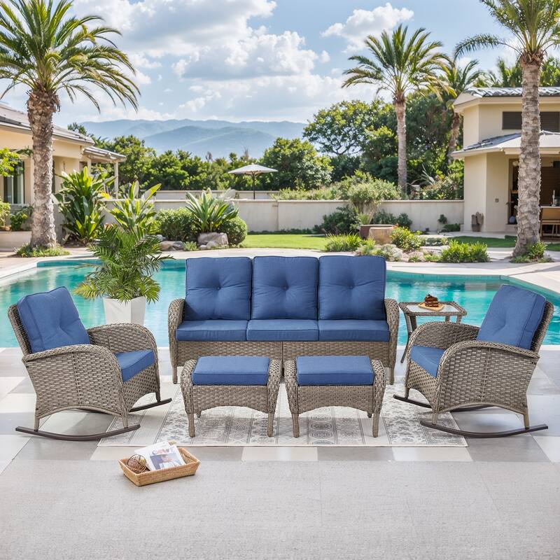 6 Pieces Rocker Chairs Patio Sofa with Table Ottomans