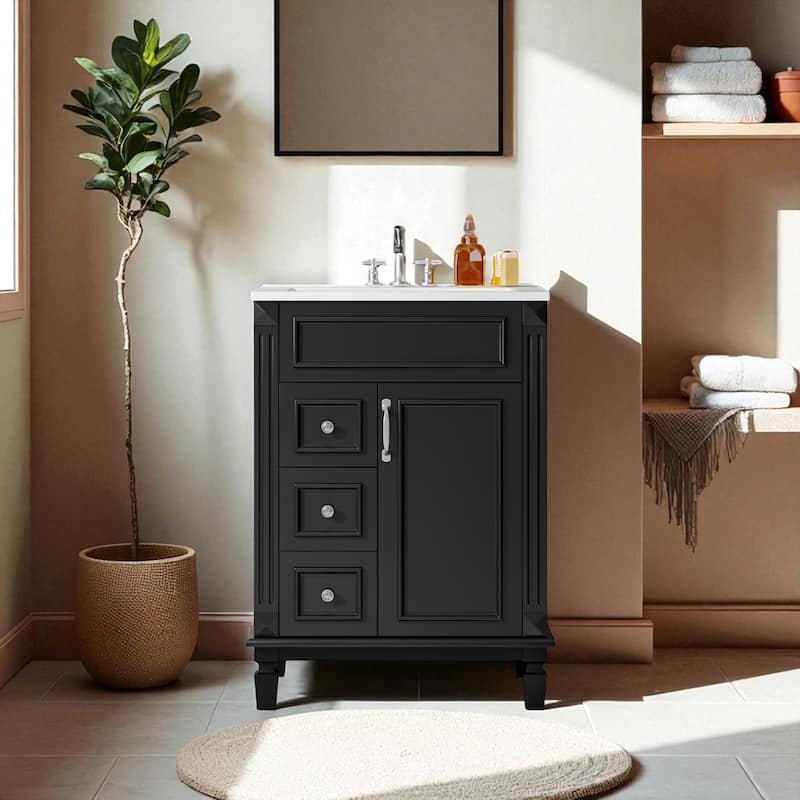 24" Bathroom Vanity with Ceramic Sink, Modern Small Bathroom Cabinet with 2 Drawers & Adjustable Shelf, Space-Saving - Black