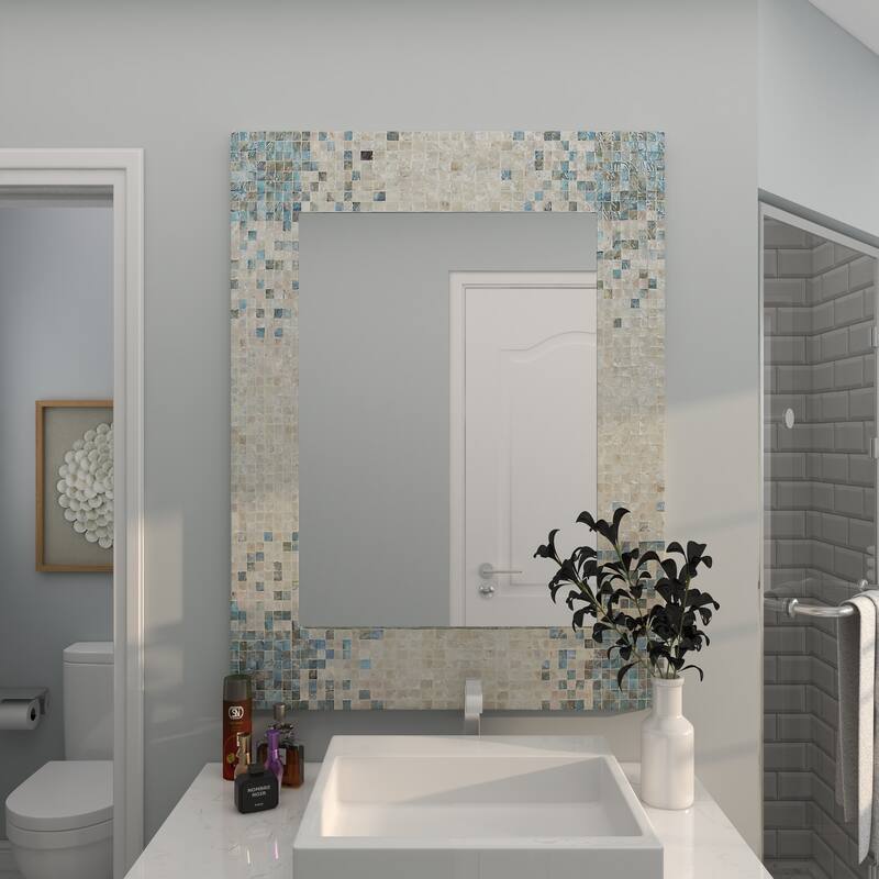 Cream Mother of Pearl Shell Handmade Mosaic Room Wall Mirror with Blue Corners