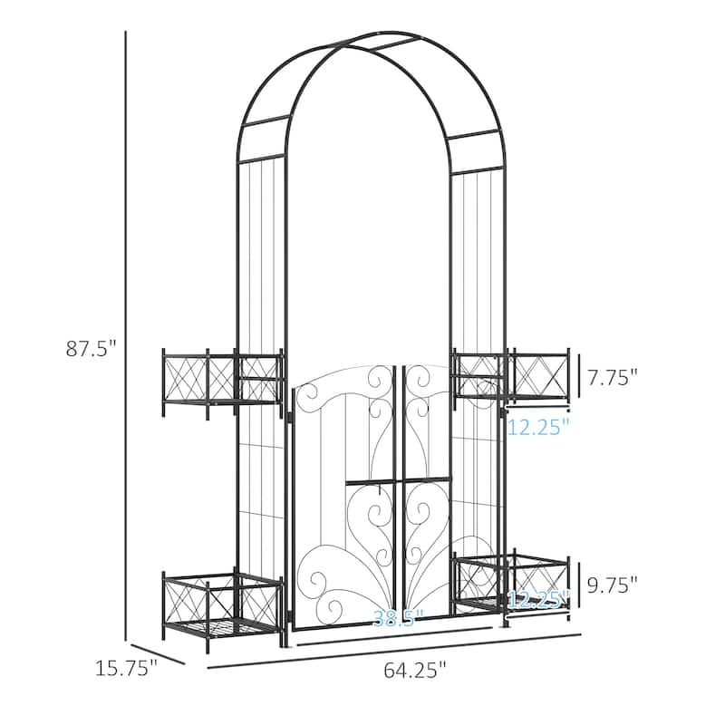 7' Garden Arch Arbor, Metal Arch Trellis with Gate, Garden Archway for Climbing Vines, Wedding Ceremony Decoration, Black