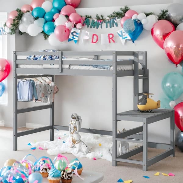 slide 2 of 11, Modern Twin Size High Loft Bed with Ladder landing Platform,Ladders,Guardrails and Storage for Bedroom Grey